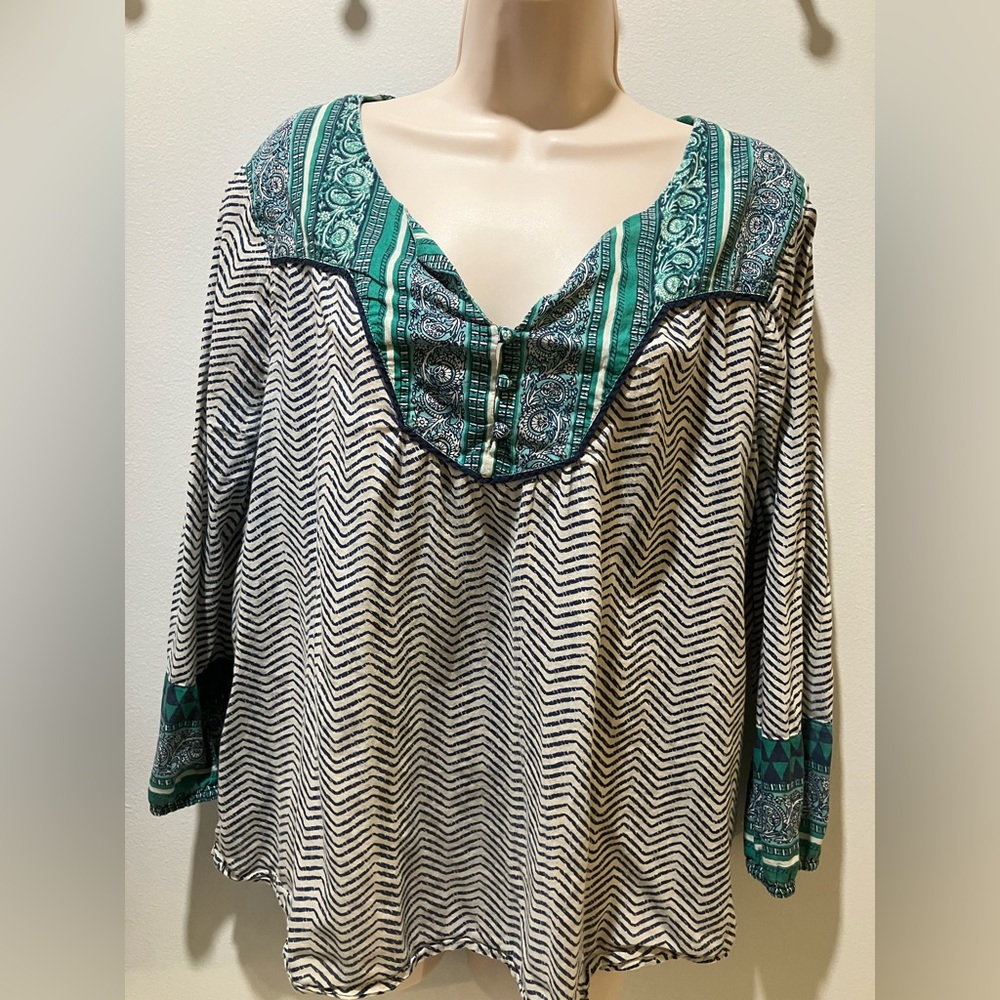 Boho Chevron-Print V-Neck Tunic Top in Teal and Black